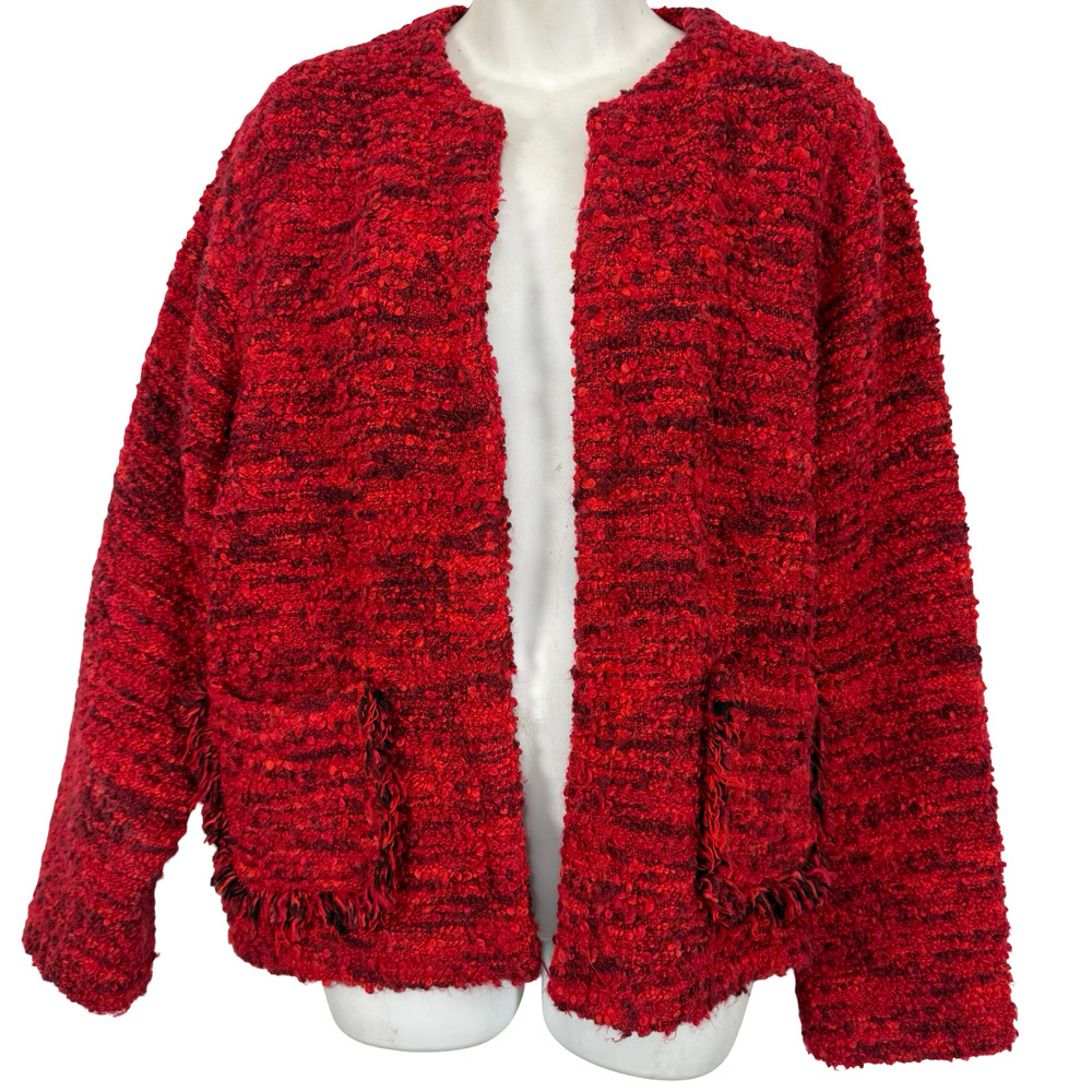 Chicos Design Womens Red Tweed Open Blazer Jacket Long Sleeve Wool sz 3 / XL